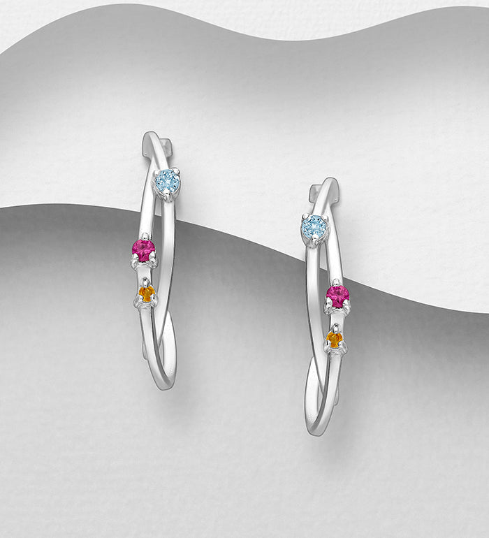 925 Sterling Silver Earrings Pink Sapphire, Citrine and Sky Blue