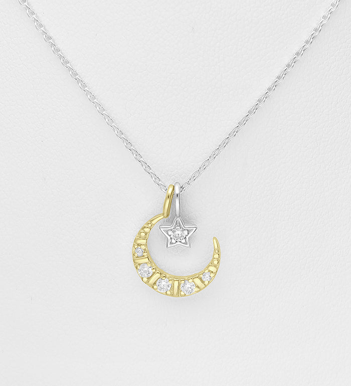 925 Sterling Silver Necklace, Moon and Star