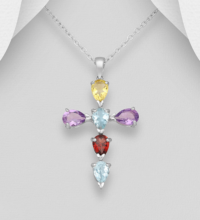 925 Sterling Silver Cross Pendant,- Gemstone Colors