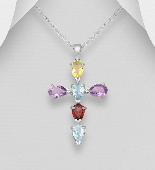 925 Sterling Silver Cross Pendant,- Gemstone Colors