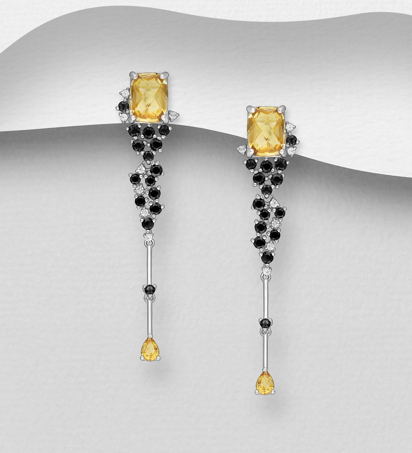 925 Sterling Silver Omega Lock Earrings-Citrine and Black Spinel