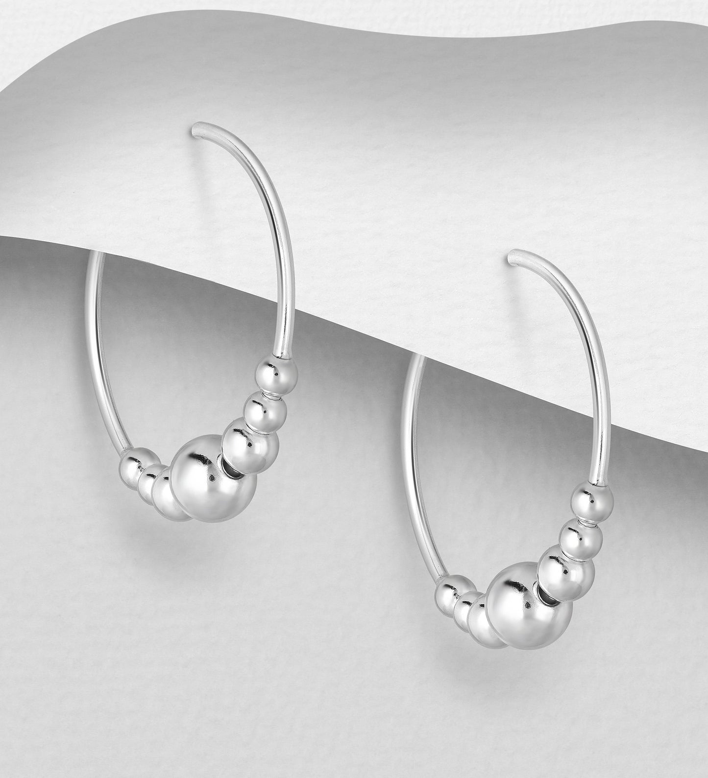 925 Sterling Silver-Open Hoop Earrings With Ball Beads