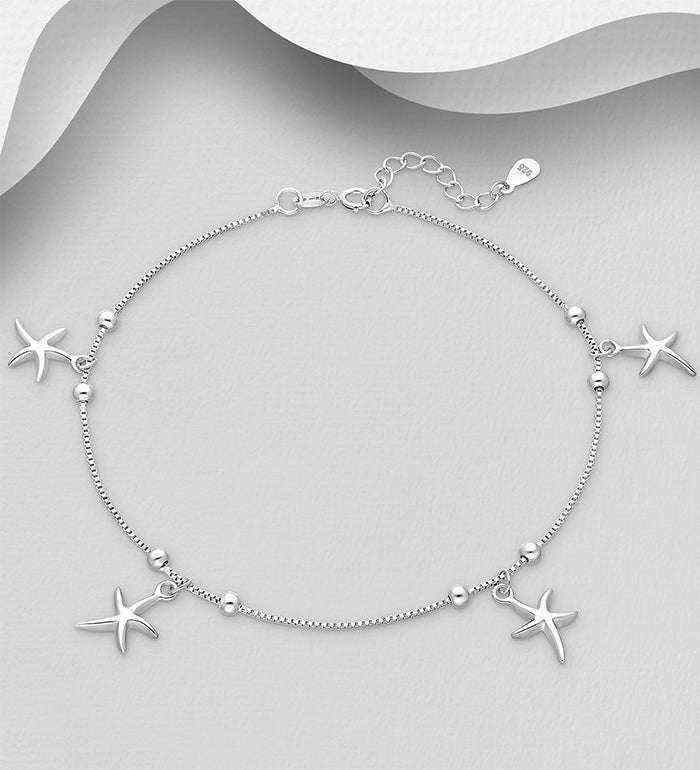 925 Sterling Silver Ball and Starfish Anklet