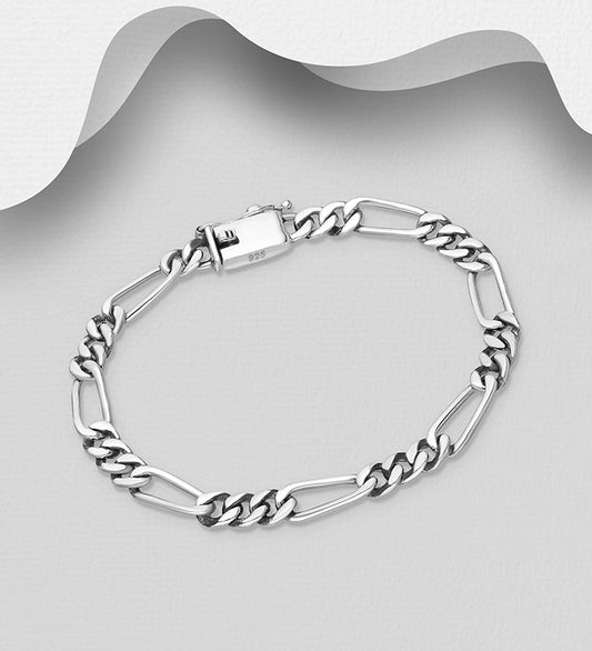 925 Sterling Silver Oxidized Hollow Figaro Bracelet