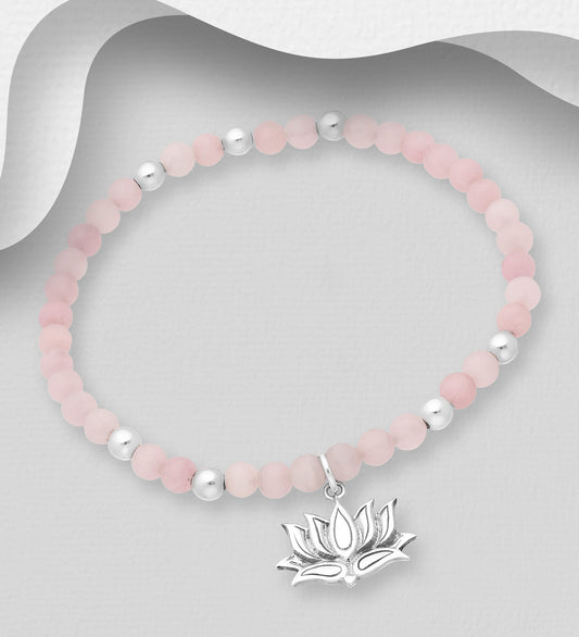 925 Sterling Silver Lotus and Rose Quartz Elastic Bracelet