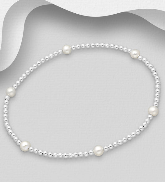 925 Sterling Silver Elastic Bracelet- Beaded With Fresh Water Pearls