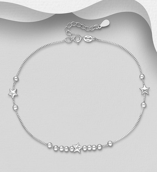 925 Sterling Silver Ball and Star Anklet