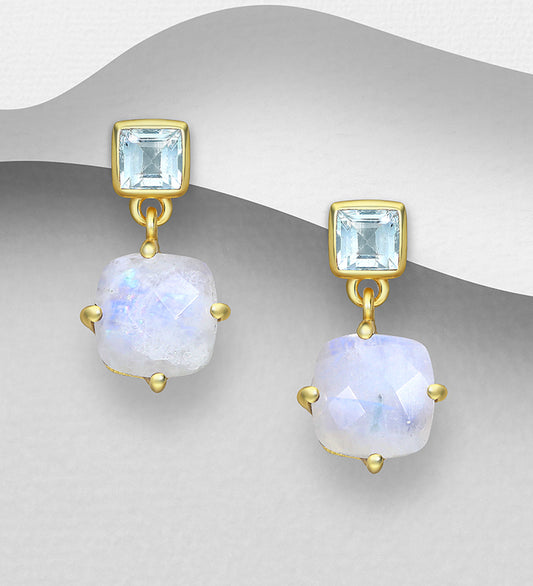 925 Sterling Silver Push-Back Earrings- Rainbow Moonstone -Sky-Blue Topaz