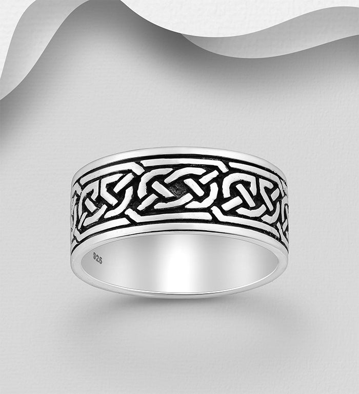 925 Sterling Silver Oxidized Celtic Band Ring, 8.5 mm Wide.