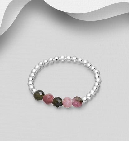 925 Sterling Silver Adjustable Ring, Beaded Gemstone