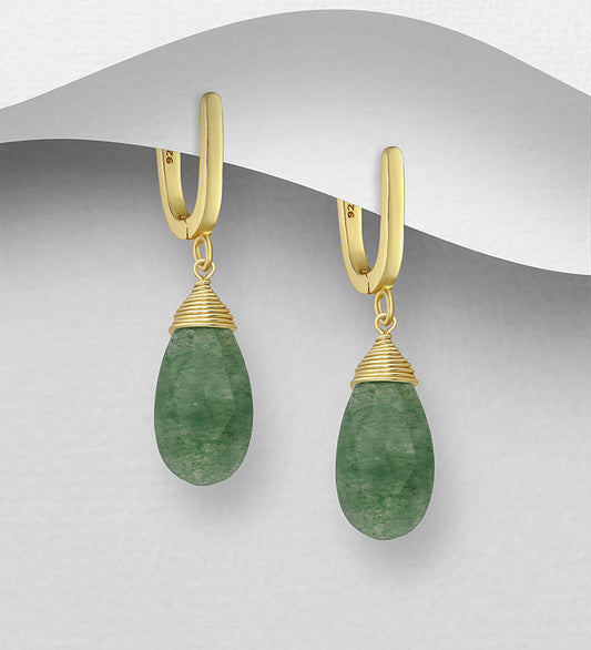 925 Sterling Silver Droplet Push-Back Earrings-Green Aventurine