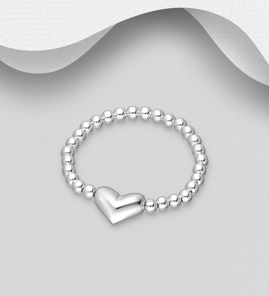 925 Sterling Silver Adjustable Ring-Featuring Ball Beads and Heart Bead