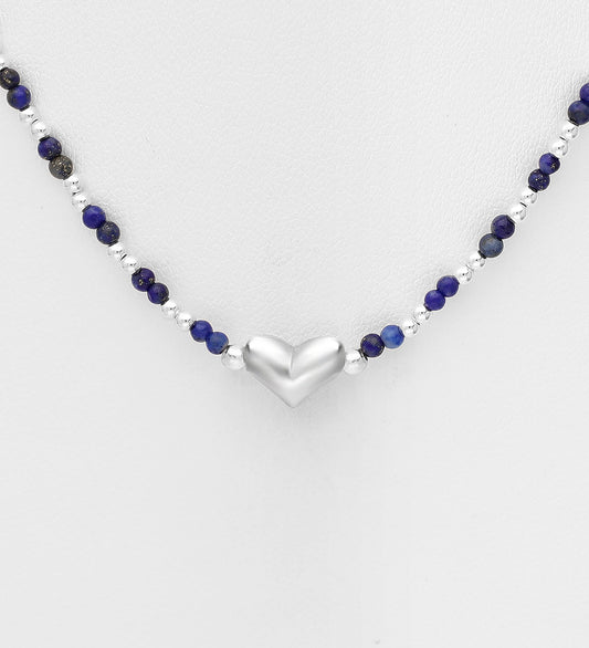 925 Sterling Silver Necklace, Featuring Ball and Heart- With Various Gemstone Beads