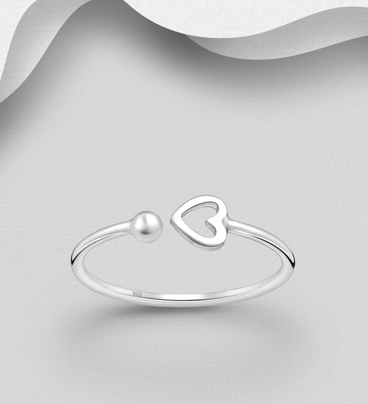 925 Sterling Silver Heart and Ball Adjustable Ring