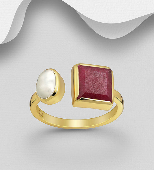 925 Sterling Silver Ring Dyed Red Sapphire and Freshwater Pearl