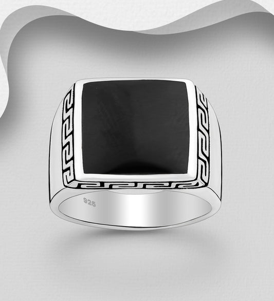 925 Sterling Silver Oxidized Ring, Decorated with Black Resin