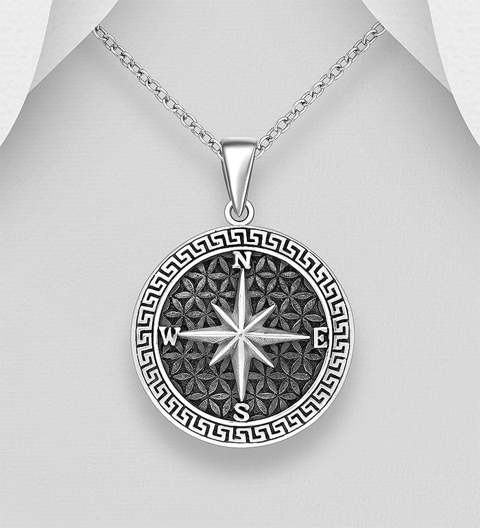 925 Sterling Silver Oxidized Compass Life Pendant