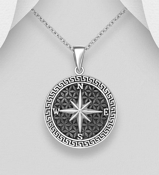 925 Sterling Silver Oxidized Compass Life Pendant