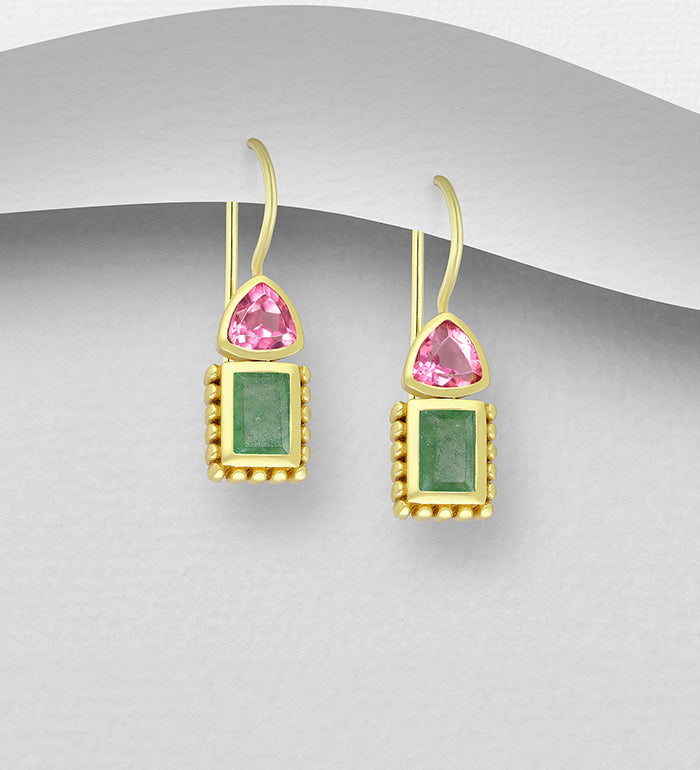 925 Sterling Silver Hook Earrings, Decorated with Lab-Created Pink Tourmaline and Green Aventurine