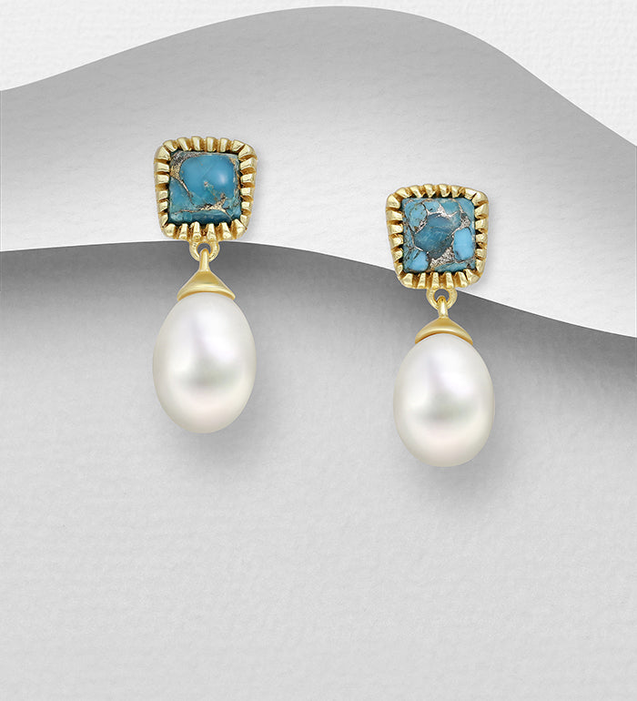 925 Sterling Silver Earrings with Copper Turquoise and Freshwater Pearls