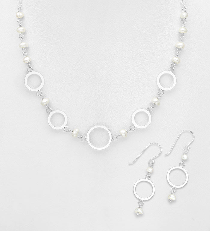 925 Sterling Silver Hook Earrings And Necklace-Fresh Water Pearls