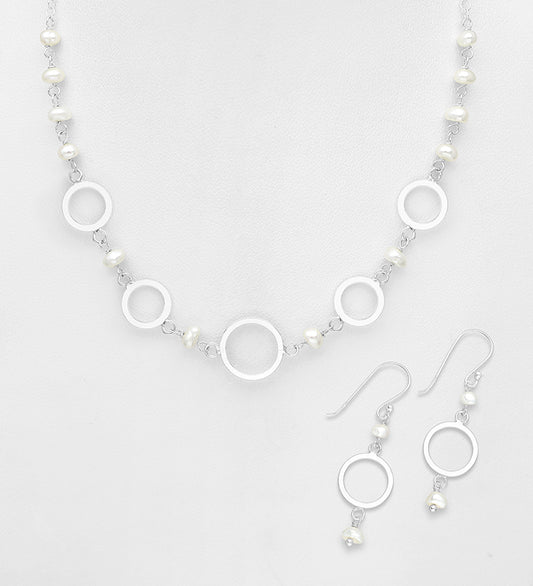 925 Sterling Silver Hook Earrings And Necklace-Fresh Water Pearls