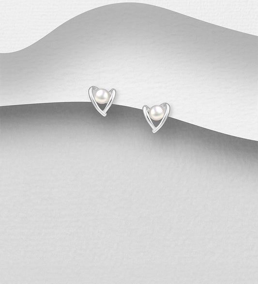 925 Sterling Silver Heart Push-Back Earrings- Pearls