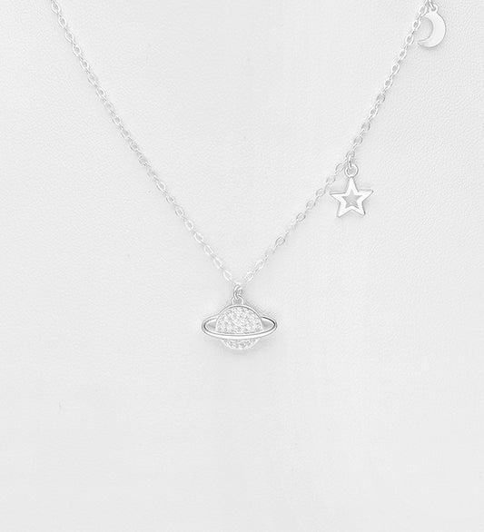 925 Sterling Silver Saturn, Star and Moon Necklace