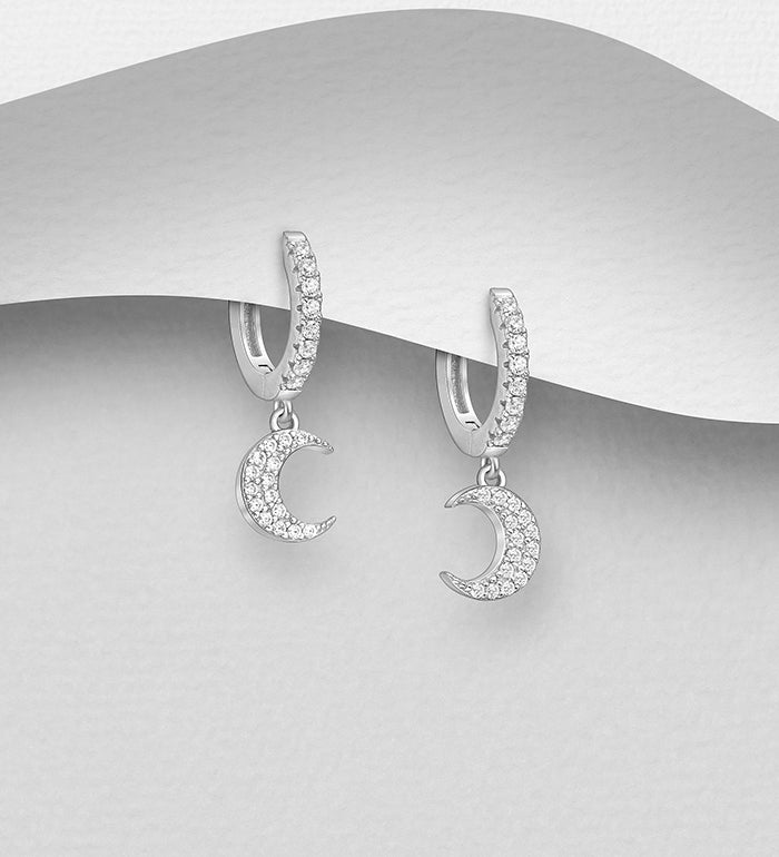 925 Sterling Silver Moon Hoop Earrings-CZ