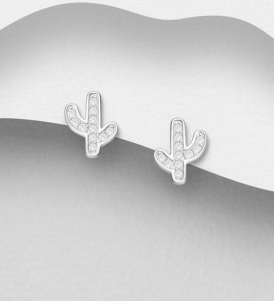 925 Sterling Silver Cactus Push-Back Earrings-CZ