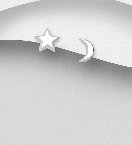 925 Sterling Silver Crescent Moon and Star Earrings