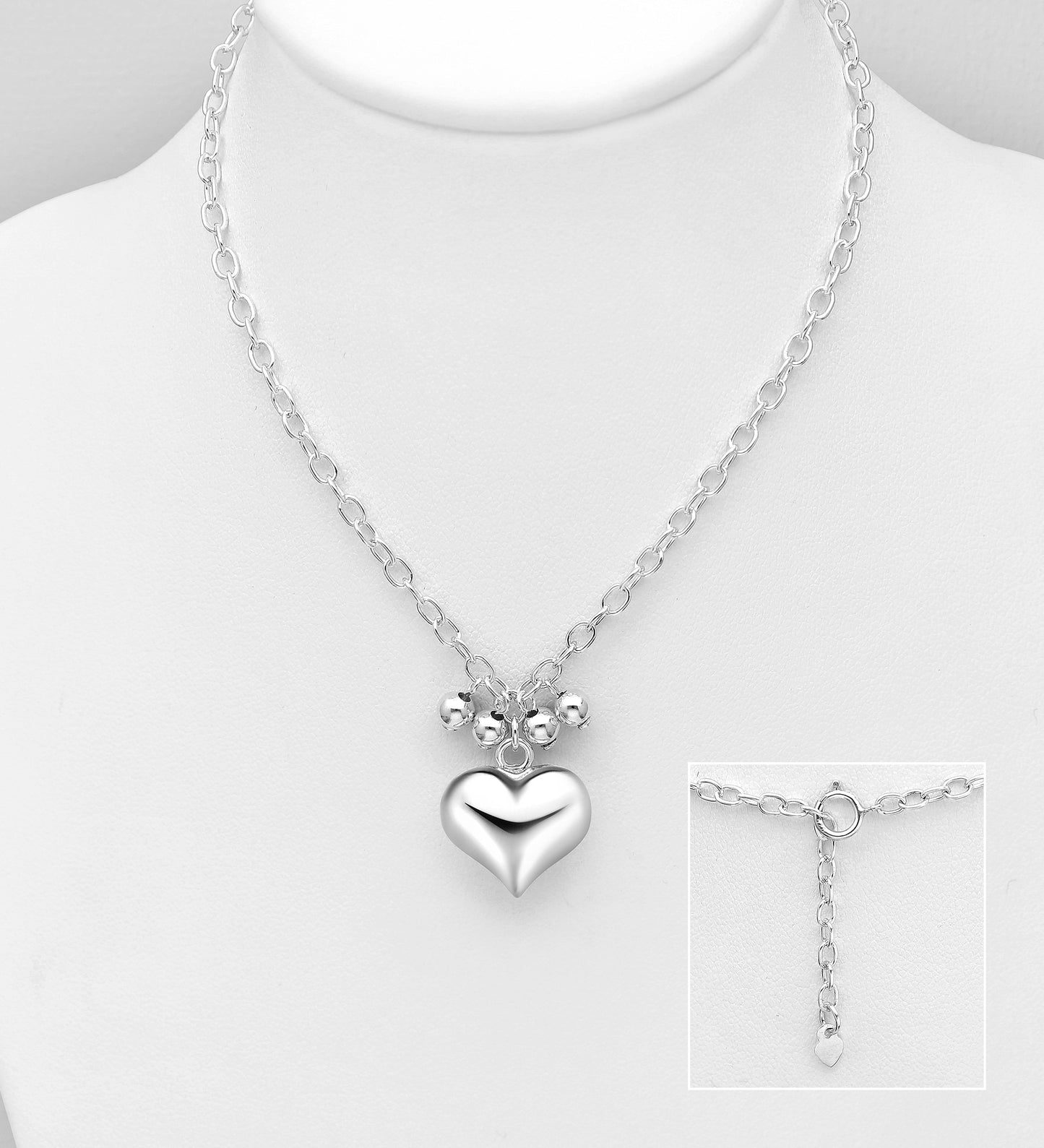 925 Sterling Silver Heart and Ball Necklace