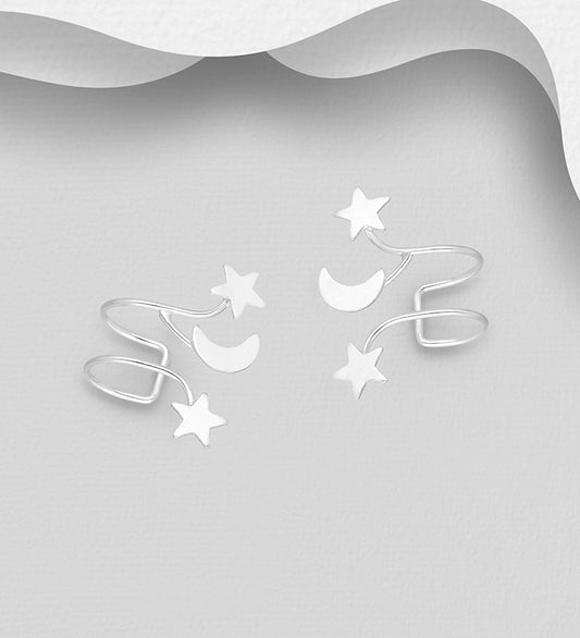 925 Sterling Silver Star and Crescent Moon Ear Cuffs