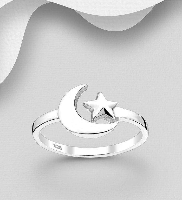 Sterling Silver Crescent Moon and Star Ring