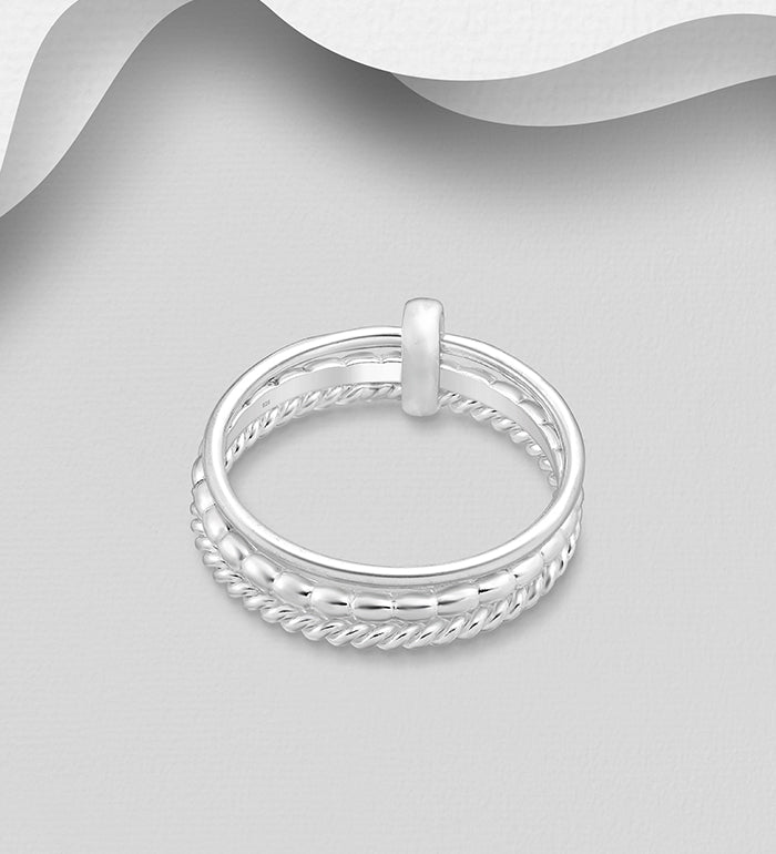 Set of 3 Sterling Silver Bound Band Rings with Different Patterns