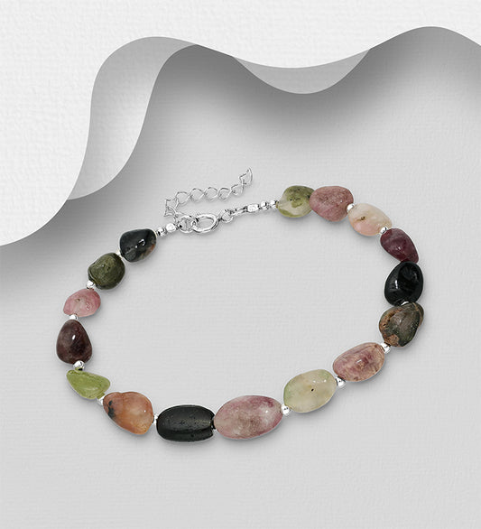 925 Sterling Silver Bracelet, Beaded with Tourmaline