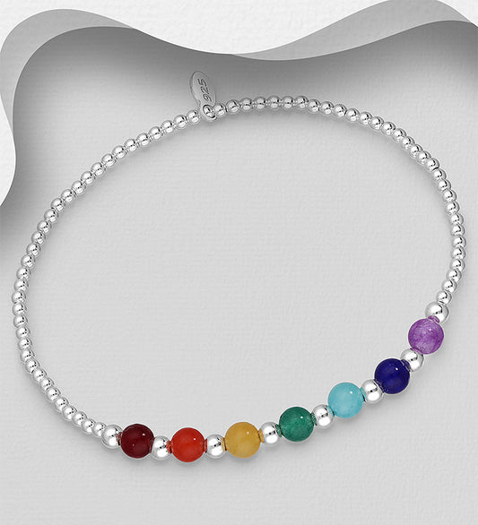 925 Sterling Silver Chakra and Ball Elastic Bracelet