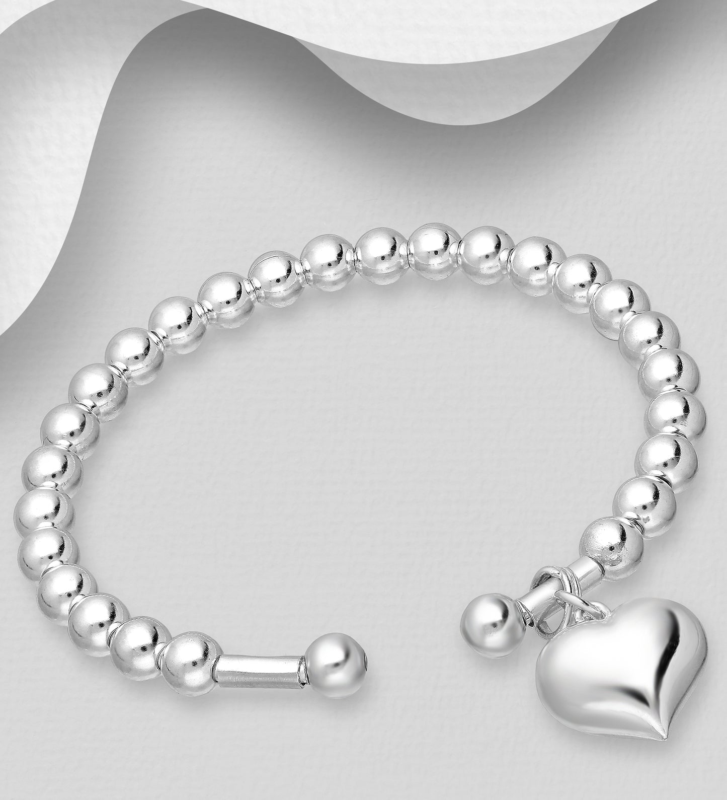 925 Sterling Silver Cuff- Featuring Ball and Heart Design