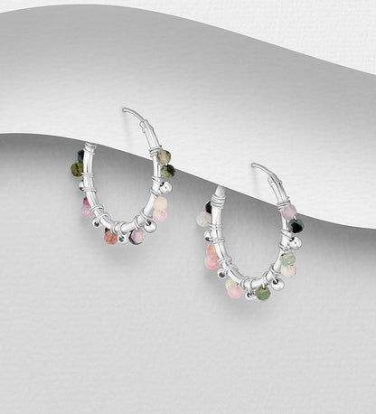 925 Sterling Silver Hoop Earrings- Gemstone Beads