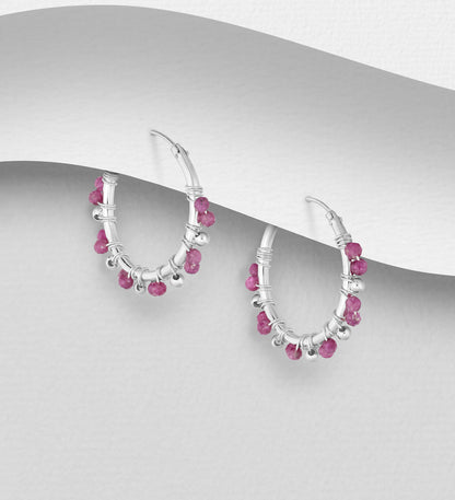 925 Sterling Silver Hoop Earrings- Gemstone Beads