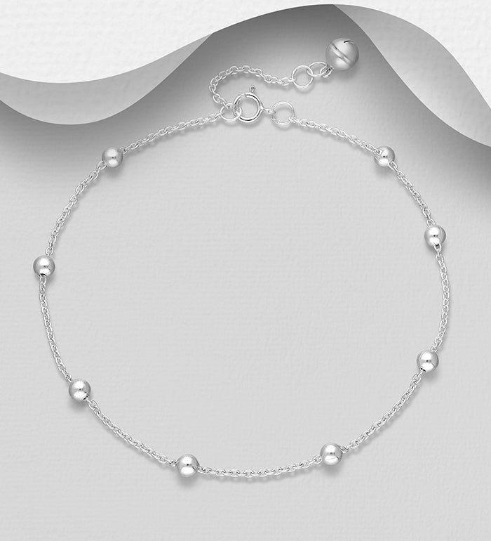 925 Sterling Silver Ball and Bell Anklet