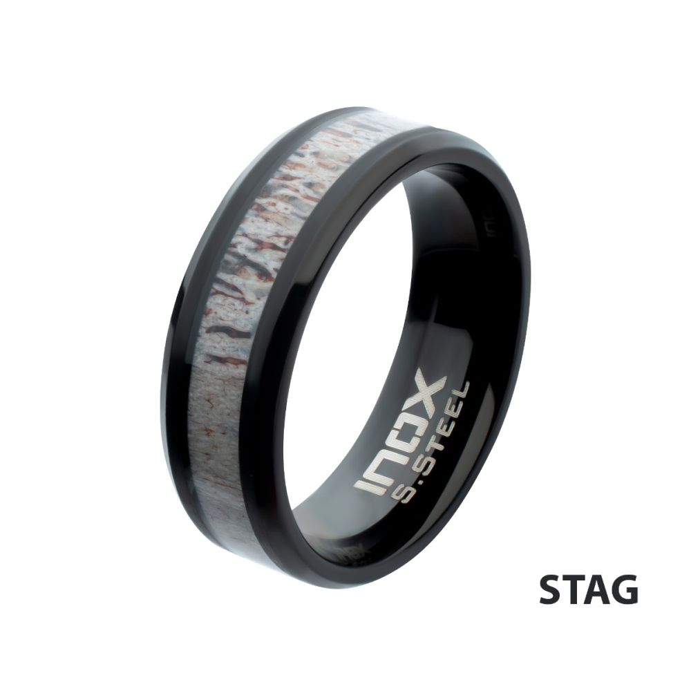 8mm Black IP Deer Antler Inlay Comfort Fit Ring