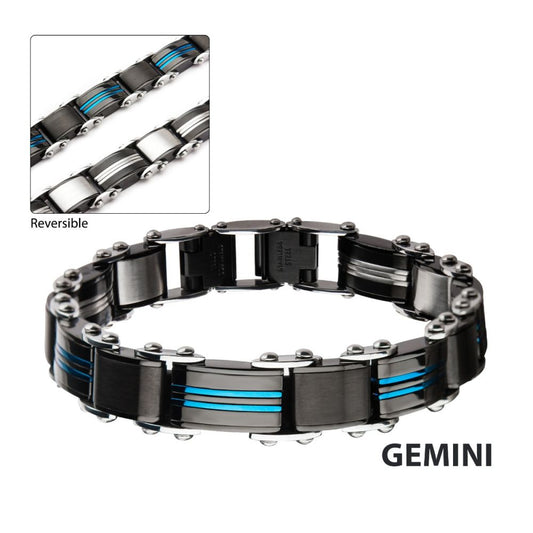 Double Sided Stainless Steel Blue IP & Black IP Reversible Bracelet