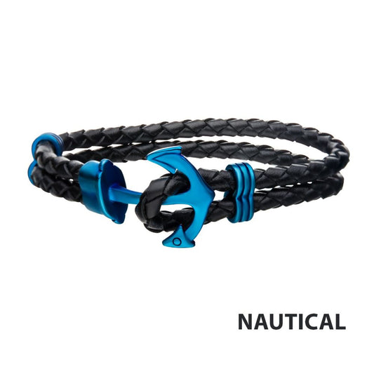 Black Leather with Blue IP Anchor Bracelet