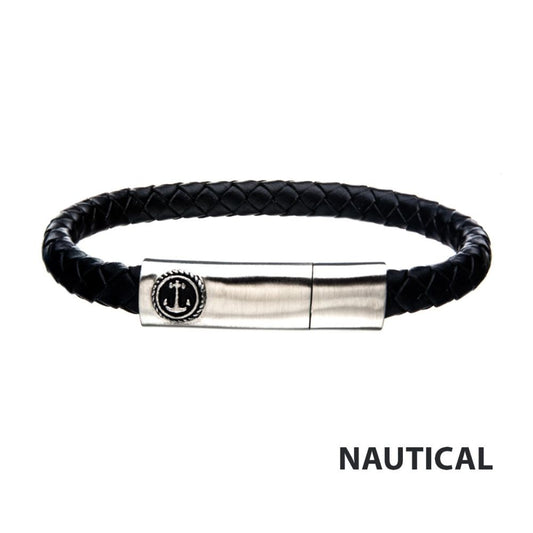 Black Leather with Anchor in Brushed Steel Clasp Bar Bracelet