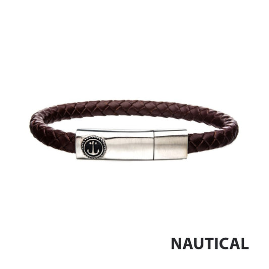 Brown Leather with Anchor in Brushed Steel Clasp Bar Bracelet