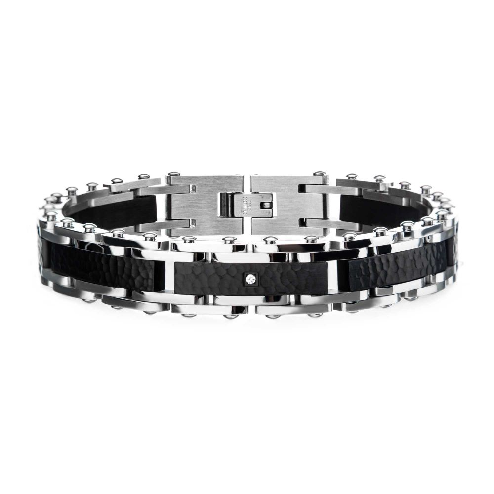 Steel Black Hammered Bracelet with CZ's