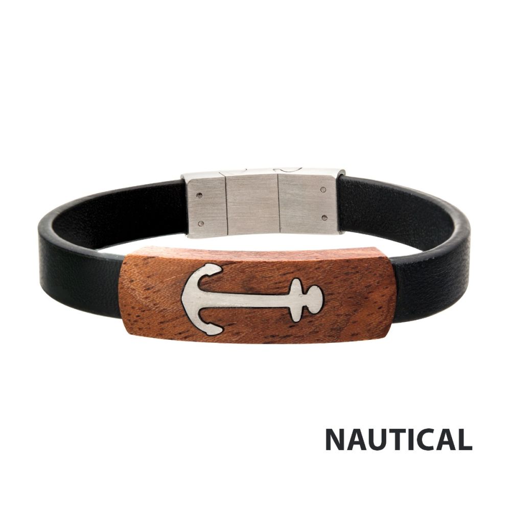 Black Leather with Anchor in Red Wood ID Bracelet