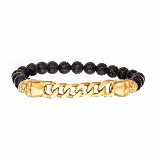 Double Head Gold IP Skull- Black Lava Beaded Stretch Bracelet