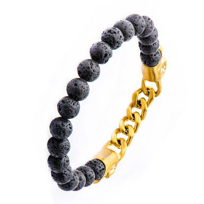 Double Head Gold IP Skull- Black Lava Beaded Stretch Bracelet